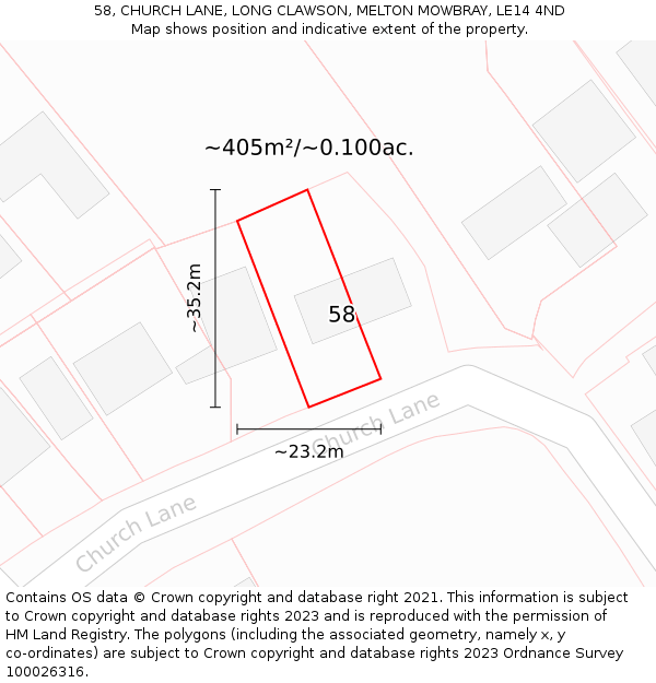 58, CHURCH LANE, LONG CLAWSON, MELTON MOWBRAY, LE14 4ND: Plot and title map