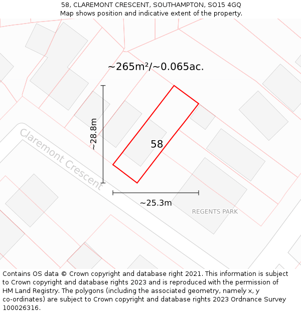 58, CLAREMONT CRESCENT, SOUTHAMPTON, SO15 4GQ: Plot and title map