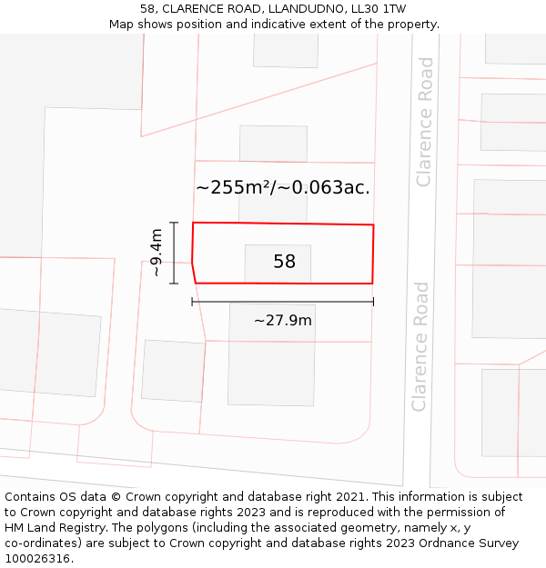 58, CLARENCE ROAD, LLANDUDNO, LL30 1TW: Plot and title map