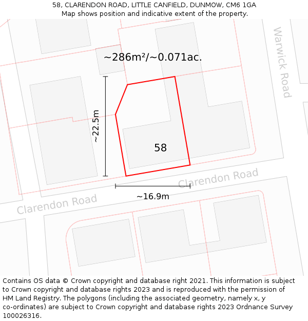 58, CLARENDON ROAD, LITTLE CANFIELD, DUNMOW, CM6 1GA: Plot and title map