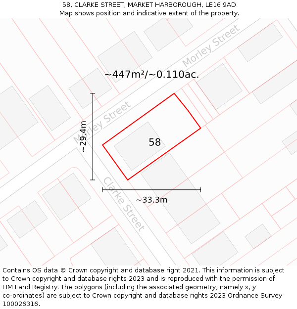 58, CLARKE STREET, MARKET HARBOROUGH, LE16 9AD: Plot and title map