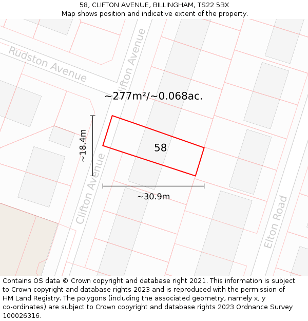 58, CLIFTON AVENUE, BILLINGHAM, TS22 5BX: Plot and title map