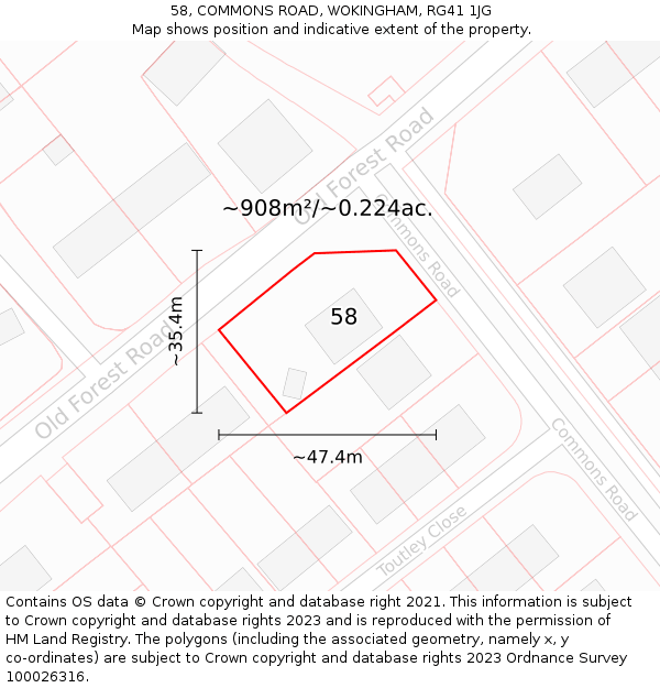 58, COMMONS ROAD, WOKINGHAM, RG41 1JG: Plot and title map