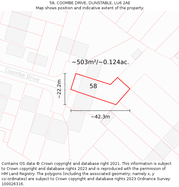 58, COOMBE DRIVE, DUNSTABLE, LU6 2AE: Plot and title map