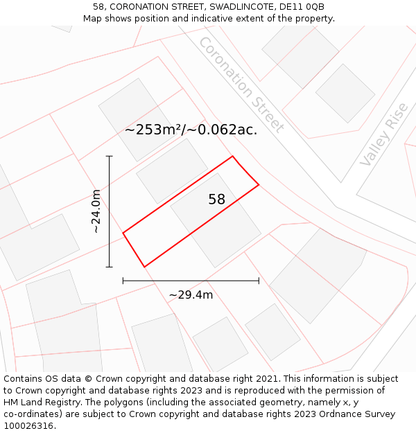 58, CORONATION STREET, SWADLINCOTE, DE11 0QB: Plot and title map