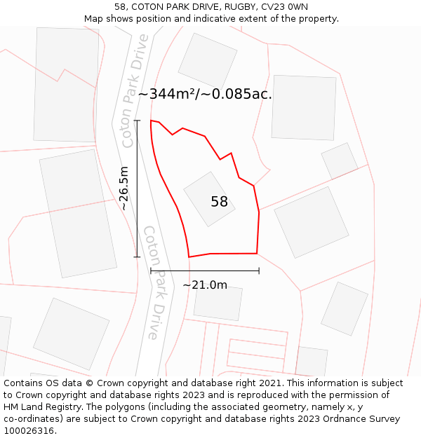 58, COTON PARK DRIVE, RUGBY, CV23 0WN: Plot and title map