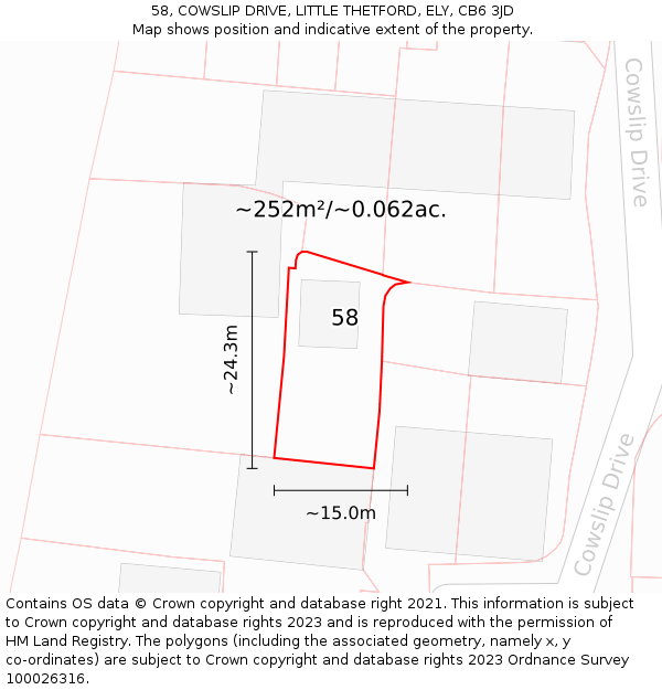 58, COWSLIP DRIVE, LITTLE THETFORD, ELY, CB6 3JD: Plot and title map