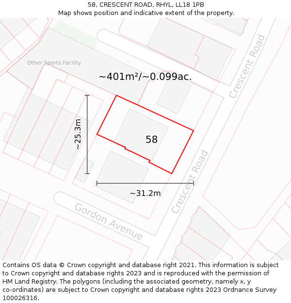 58, CRESCENT ROAD, RHYL, LL18 1PB: Plot and title map