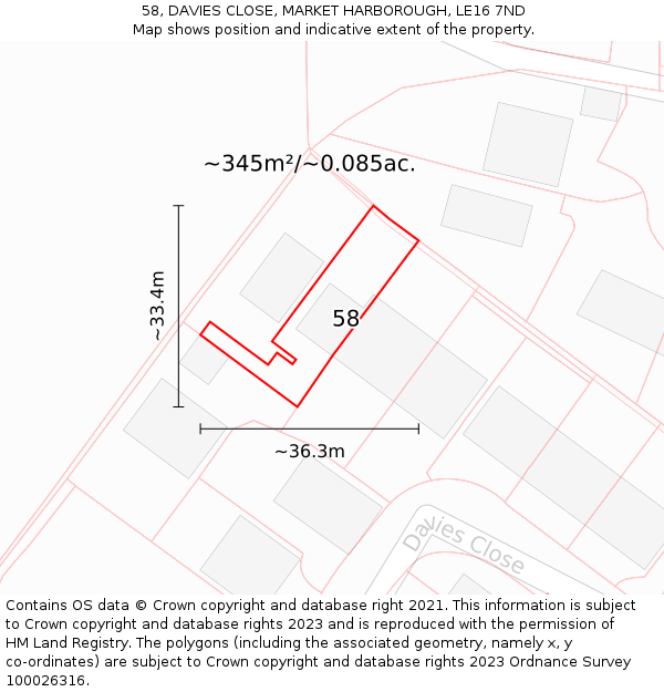 58, DAVIES CLOSE, MARKET HARBOROUGH, LE16 7ND: Plot and title map