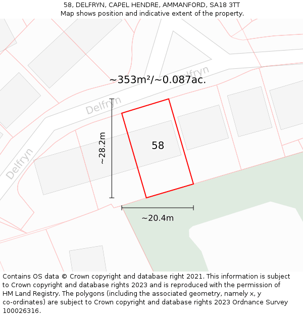 58, DELFRYN, CAPEL HENDRE, AMMANFORD, SA18 3TT: Plot and title map