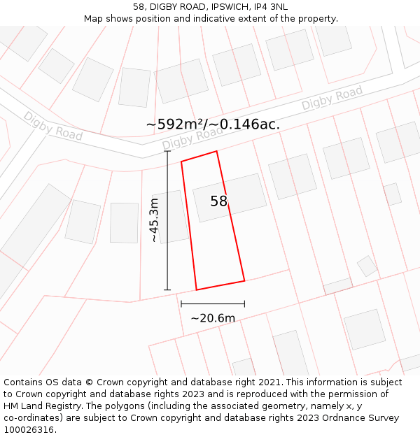 58, DIGBY ROAD, IPSWICH, IP4 3NL: Plot and title map