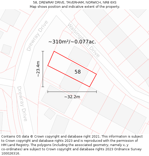 58, DREWRAY DRIVE, TAVERHAM, NORWICH, NR8 6XS: Plot and title map