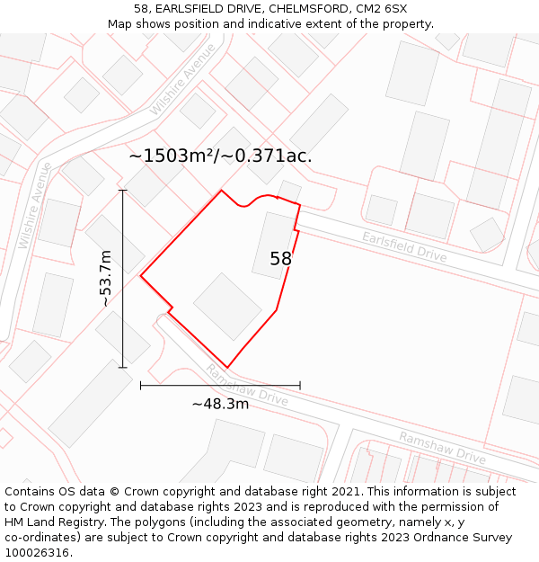 58, EARLSFIELD DRIVE, CHELMSFORD, CM2 6SX: Plot and title map