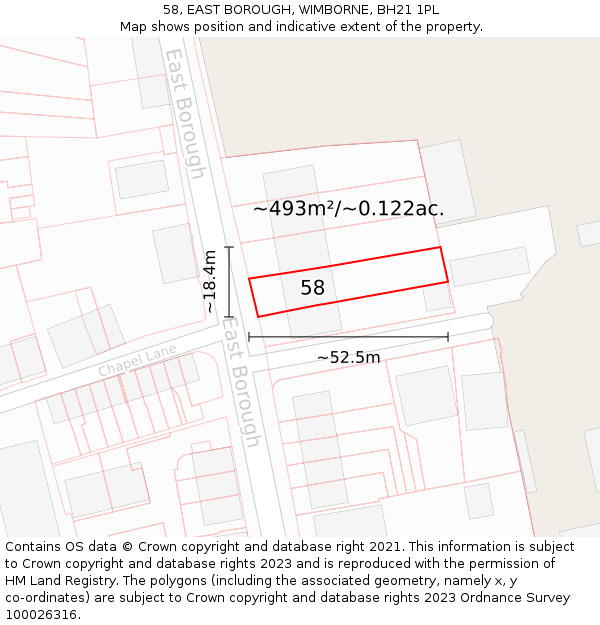 58, EAST BOROUGH, WIMBORNE, BH21 1PL: Plot and title map