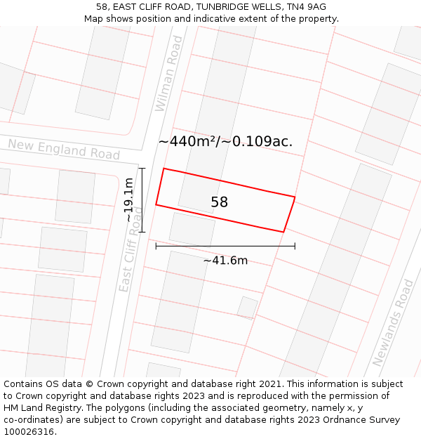 58, EAST CLIFF ROAD, TUNBRIDGE WELLS, TN4 9AG: Plot and title map