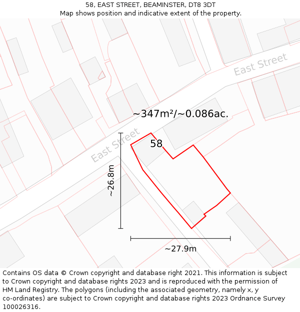 58, EAST STREET, BEAMINSTER, DT8 3DT: Plot and title map