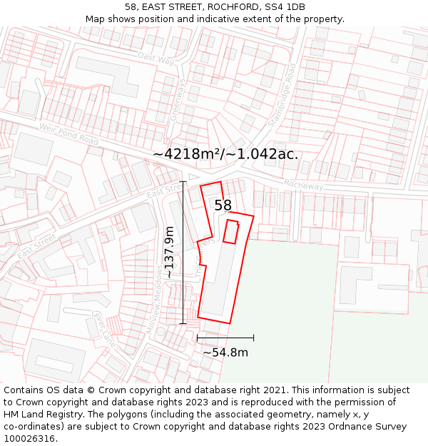 58, EAST STREET, ROCHFORD, SS4 1DB: Plot and title map