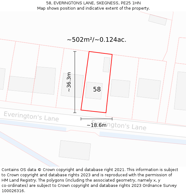 58, EVERINGTONS LANE, SKEGNESS, PE25 1HN: Plot and title map