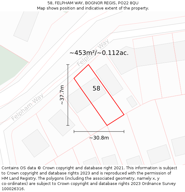 58, FELPHAM WAY, BOGNOR REGIS, PO22 8QU: Plot and title map