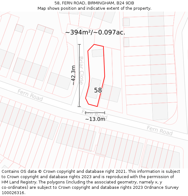 58, FERN ROAD, BIRMINGHAM, B24 9DB: Plot and title map