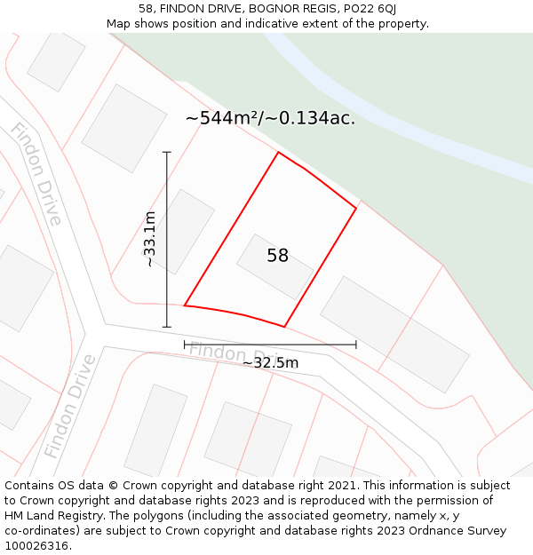 58, FINDON DRIVE, BOGNOR REGIS, PO22 6QJ: Plot and title map