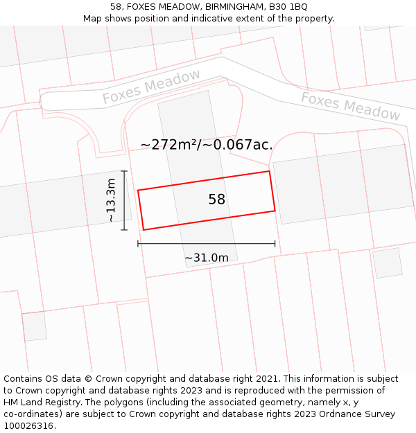 58, FOXES MEADOW, BIRMINGHAM, B30 1BQ: Plot and title map