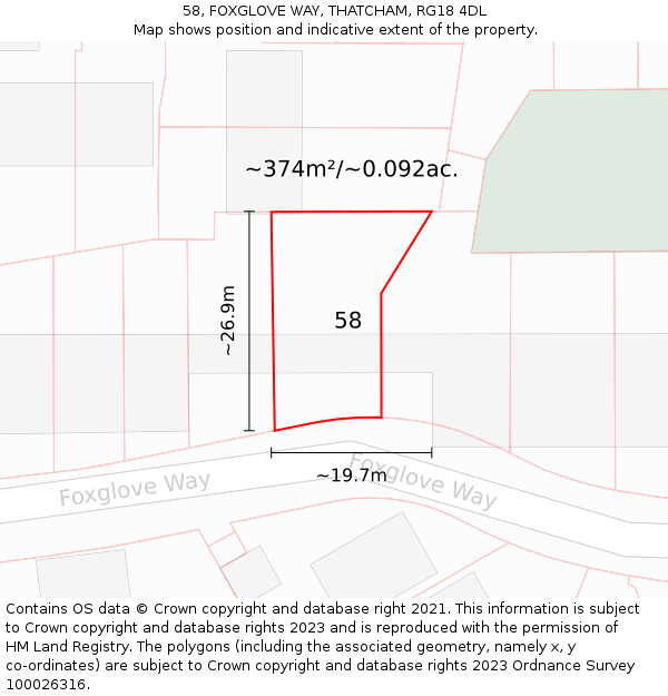 58, FOXGLOVE WAY, THATCHAM, RG18 4DL: Plot and title map