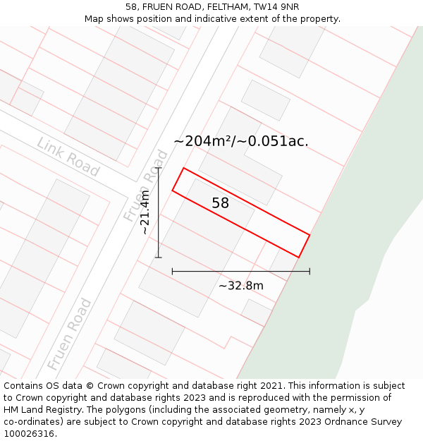 58, FRUEN ROAD, FELTHAM, TW14 9NR: Plot and title map