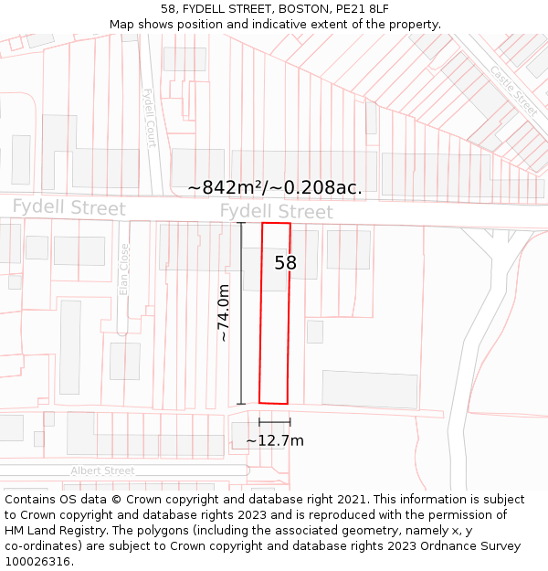 58, FYDELL STREET, BOSTON, PE21 8LF: Plot and title map