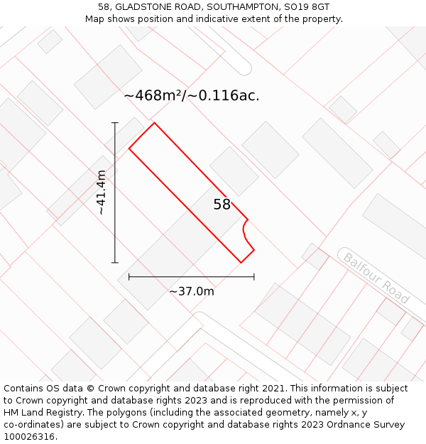 58, GLADSTONE ROAD, SOUTHAMPTON, SO19 8GT: Plot and title map