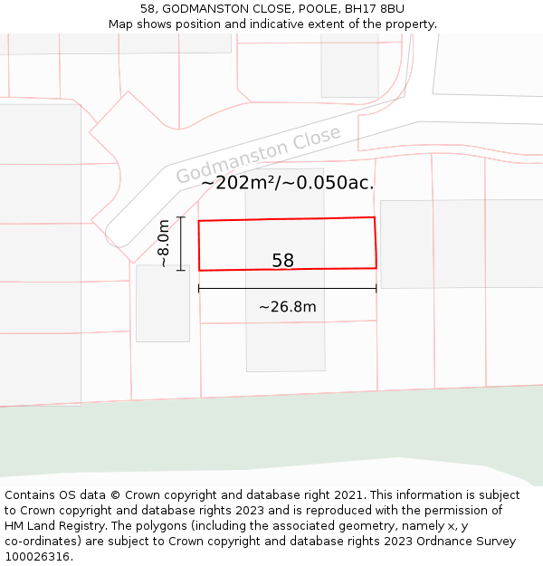 58, GODMANSTON CLOSE, POOLE, BH17 8BU: Plot and title map