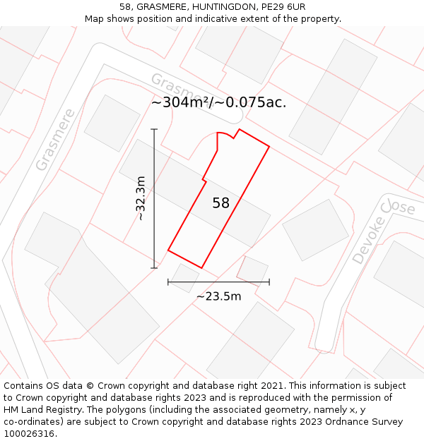 58, GRASMERE, HUNTINGDON, PE29 6UR: Plot and title map