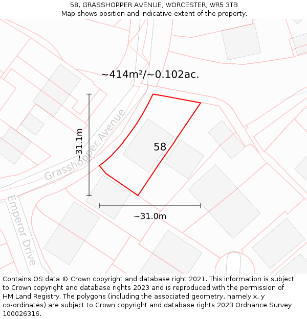 58, GRASSHOPPER AVENUE, WORCESTER, WR5 3TB: Plot and title map