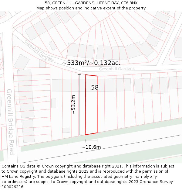 58, GREENHILL GARDENS, HERNE BAY, CT6 8NX: Plot and title map