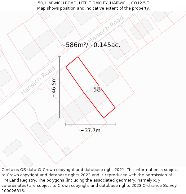 58, HARWICH ROAD, LITTLE OAKLEY, HARWICH, CO12 5JE: Plot and title map