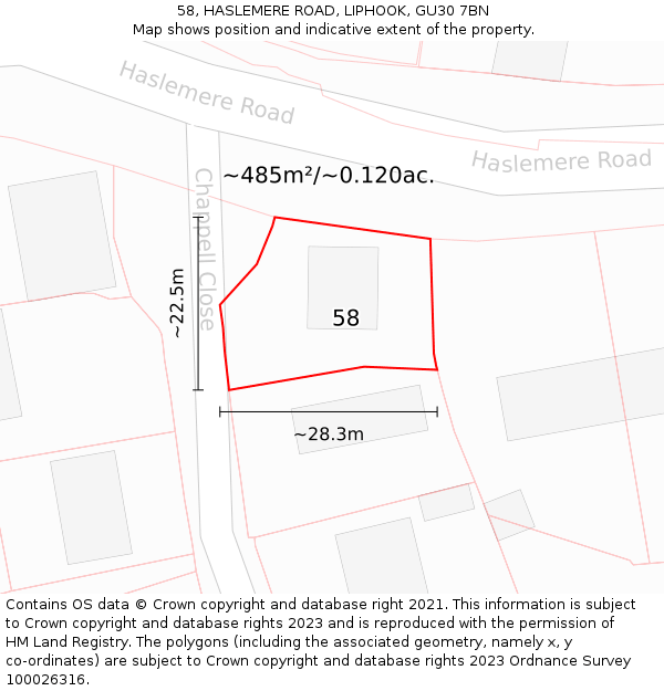 58, HASLEMERE ROAD, LIPHOOK, GU30 7BN: Plot and title map