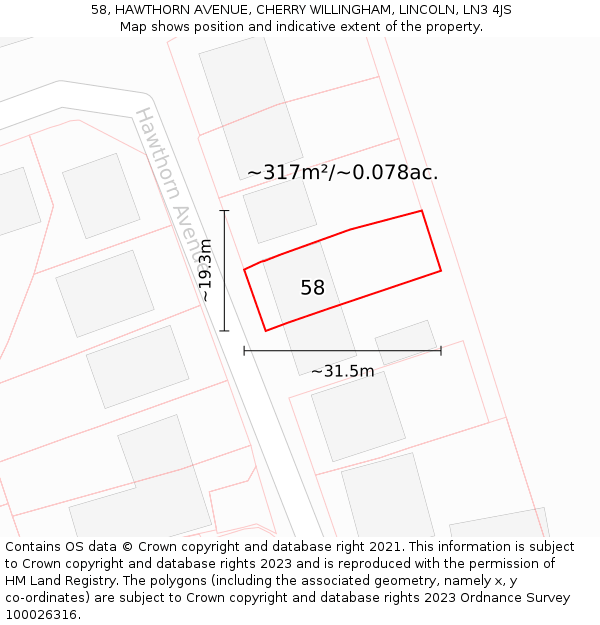 58, HAWTHORN AVENUE, CHERRY WILLINGHAM, LINCOLN, LN3 4JS: Plot and title map