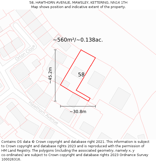 58, HAWTHORN AVENUE, MAWSLEY, KETTERING, NN14 1TH: Plot and title map