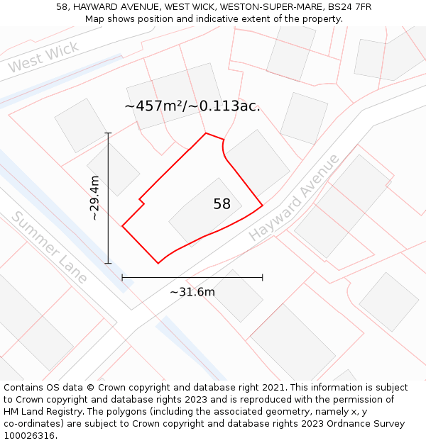 58, HAYWARD AVENUE, WEST WICK, WESTON-SUPER-MARE, BS24 7FR: Plot and title map