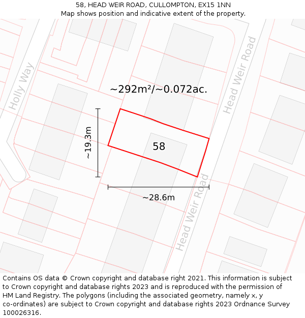 58, HEAD WEIR ROAD, CULLOMPTON, EX15 1NN: Plot and title map