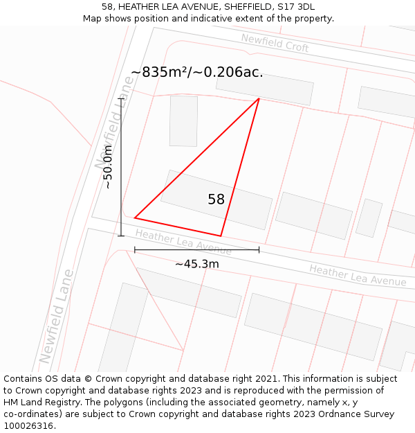 58, HEATHER LEA AVENUE, SHEFFIELD, S17 3DL: Plot and title map
