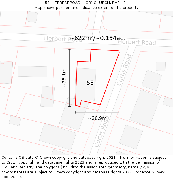 58, HERBERT ROAD, HORNCHURCH, RM11 3LJ: Plot and title map