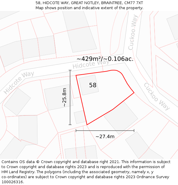 58, HIDCOTE WAY, GREAT NOTLEY, BRAINTREE, CM77 7XT: Plot and title map