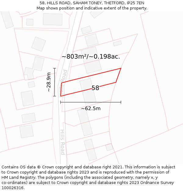 58, HILLS ROAD, SAHAM TONEY, THETFORD, IP25 7EN: Plot and title map