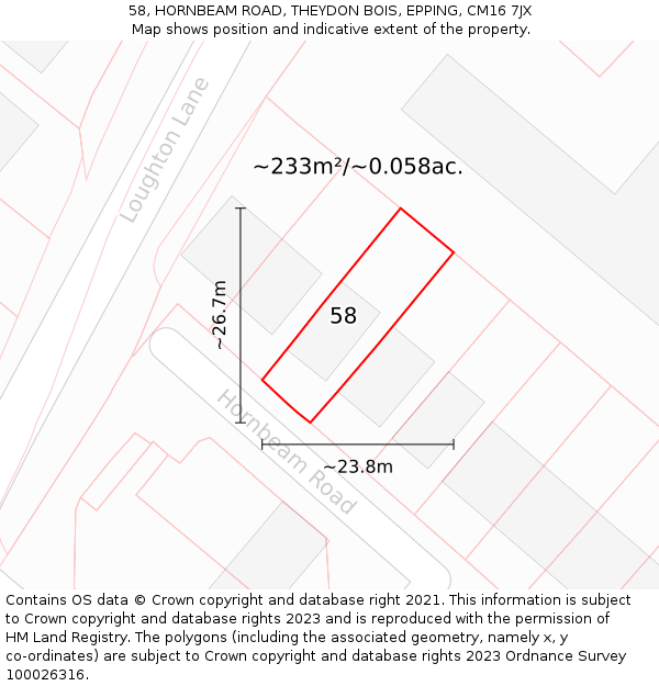 58, HORNBEAM ROAD, THEYDON BOIS, EPPING, CM16 7JX: Plot and title map