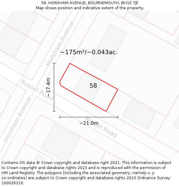58, HORSHAM AVENUE, BOURNEMOUTH, BH10 7JE: Plot and title map