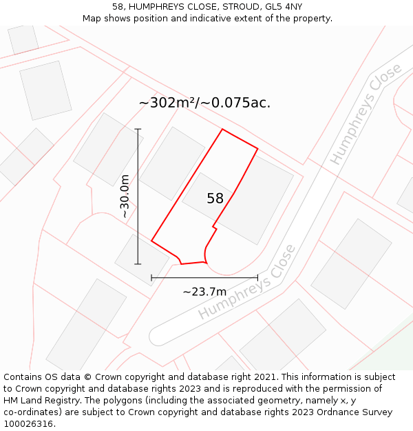 58, HUMPHREYS CLOSE, STROUD, GL5 4NY: Plot and title map