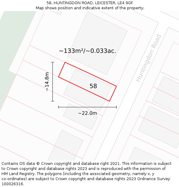 58, HUNTINGDON ROAD, LEICESTER, LE4 9GF: Plot and title map