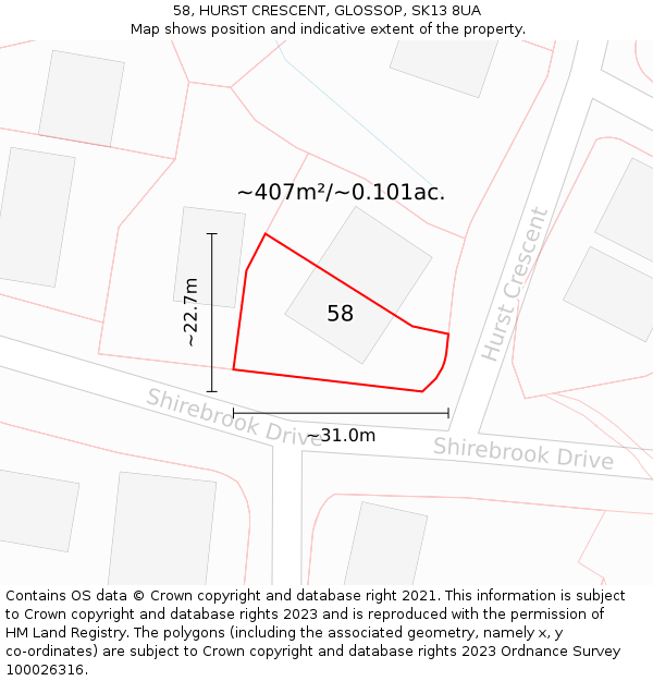 58, HURST CRESCENT, GLOSSOP, SK13 8UA: Plot and title map