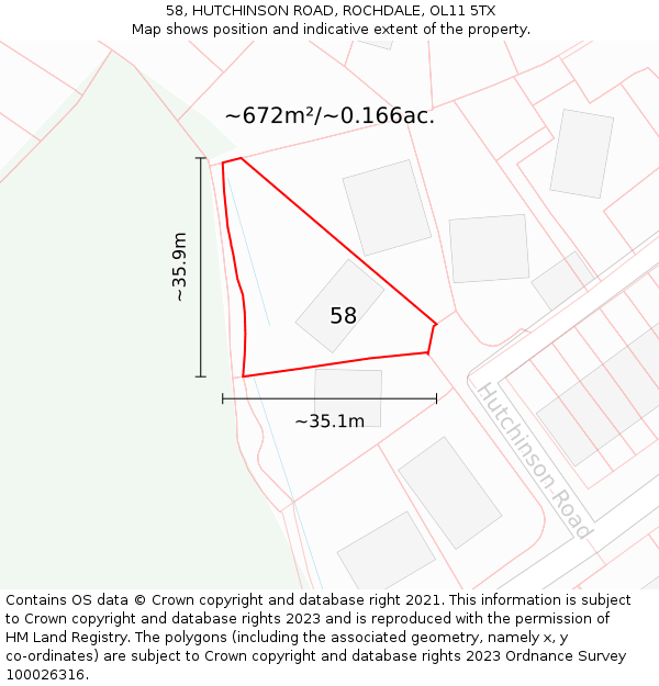 58, HUTCHINSON ROAD, ROCHDALE, OL11 5TX: Plot and title map